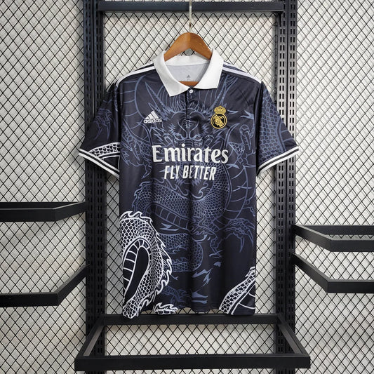 Camisa de futebol preta do Dragão Chinês do Real Madrid